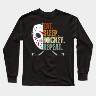 Eat Sleep Hockey Repeat Kids Adult Ice Hockey Retro Vintage Long Sleeve T-Shirt